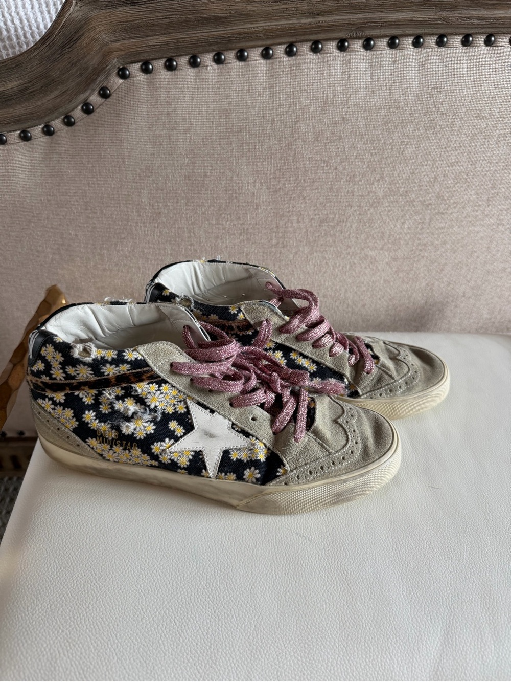 Authentic Golden Goose Women’s Daisy-Print High-Top Sneakers with Pink Laces